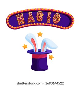 Magic trick with rabbit flat vector illustration. Focus with magician hat and bunny ears. Circus show. Amusement park. Magical perfomance. Entertainment, sorcery. Illusion attributes