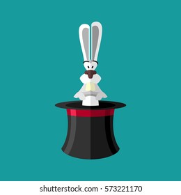 Magic trick rabbit in hat. Magical cap and bunny. animal illusionist 
