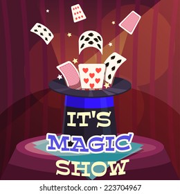 Magic trick. Retro poster with cards and a hat.