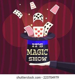 Magic trick. Retro poster with cards and a hat.