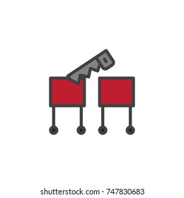Magic trick with a saw filled outline icon, line vector sign, linear colorful pictogram isolated on white. Circus show symbol, logo illustration. Pixel perfect vector graphics