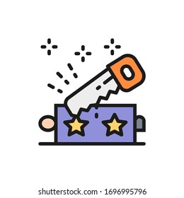 Magic trick with saw flat color line icon.