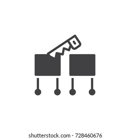 Magic trick with a saw icon vector, filled flat sign, solid pictogram isolated on white. Symbol, logo illustration.