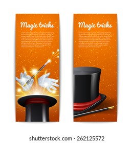 Magic trick vertical banners set with magician cylinder stick and gloves isolated vector illustration