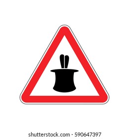 Magic Trick Warning sign red. illusion Hazard attention symbol. Danger road sign triangle Bunny in hat