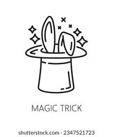 Magic trick. Witchcraft and magic icon. Mystery, esoteric, astrology symbol. Sorcery and magician performer item or magic linear vector pictogram, outline sign or icon with rabbit in hat