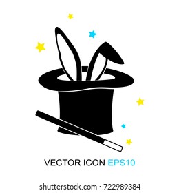 Magic trick-rabbit in the hat of the master. rabbit in black hat cylinder. A flat icon. Sign. Vector. Logo. Vector illustration.