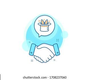 Magic tricks with hat and rabbit sign. Handshake deal complex icon. Hat-trick line icon. Illusionist show symbol. Agreement shaking hands banner. Hat-trick sign. Vector