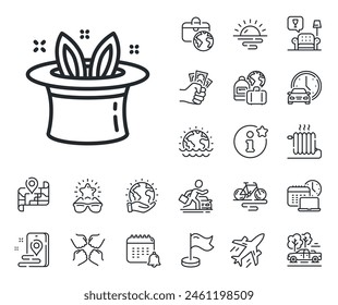 Magic tricks with hat and rabbit sign. Plane jet, travel map and baggage claim outline icons. Hat-trick line icon. Illusionist show symbol. Hat-trick line sign. Car rental, taxi transport icon. Vector