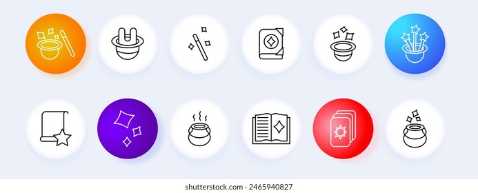 Magic tricks set icon. Magic hat, wand, book, potion, star, sparkles, cauldron, spell, cards. Fantasy and illusion concept.