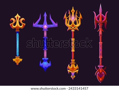 Magic tridents set isolated on black background. Vector cartoon illustration of golden spear forks decorated with gemstones, game rank asset, poseidon power symbol, nautical weapon, ui design elements