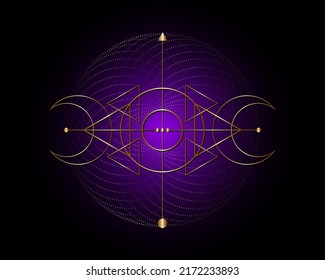 Magic Triple Moon. Gold symbol of the Viking deity, Celtic Sacred Geometry, Wiccan logo, alchemy esoteric triangles. Spiritual occultism object vector illustration isolated on black purple background