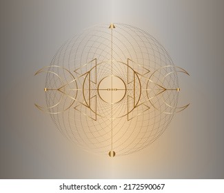 Magic Triple Moon. Gold symbol of the Viking deity, Celtic Sacred Geometry, Wiccan logo, alchemy esoteric triangles. Spiritual occultism object vector illustration isolated on silver background