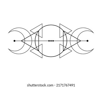 Magia Triple Luna. Símbolo de la deidad vikingüe, Geometría sagrada celta, tatuaje del logo negro de Wiccan, triángulos esotéricos alquimista. Ilustración vectorial de objetos de ocultismo espiritual aislada en fondo blanco