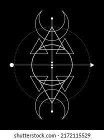 Magia Triple Luna. Símbolo de la deidad vikingüe, Geometría sagrada celta, tatuaje del logo blanco de Wiccan, triángulos esotéricos alquimista. Ilustración vectorial del objeto de ocultismo espiritual aislada en el fondo negro