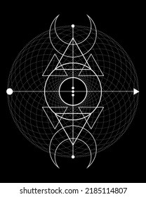 Magia Triple Luna. Símbolo de la deidad vikingüe, Geometría sagrada celta, tatuaje del logo blanco de Wiccan, triángulos esotéricos alquimista. Ilustración vectorial del objeto de ocultismo espiritual aislada en el fondo negro