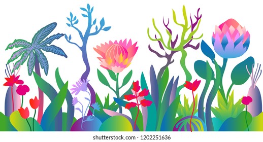 Magic tropical jungle. Colorful pattern with abstract lotus flowers, trees and other plants. Trendy design for textile and cards. Gradient border on white background.
