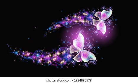 Magic two butterflies with fantasy sparkle and blazing trail and glowing stars on black background