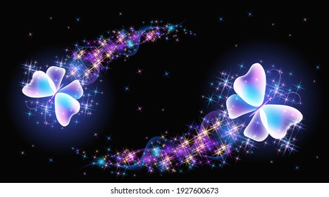 Magic two butterflies with fantasy sparkle and blazing trail and glowing stars on black background