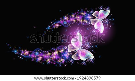 Magic two butterflies with fantasy sparkle and blazing trail and glowing stars on black background