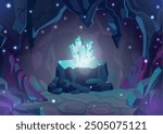 Magic underground cave or cavern landscape with gems, crystals and rocks around in mountain, fantasy game background, adventure concept, cartoon vector illustration