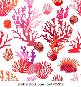 Magic undersea world. Seamless vector pattern with colorful corals. Beach textile collection.  Red, pink on white.