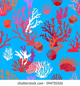 Magic undersea world. Seamless vector pattern with colorful corals. Beach textile collection.  Red, pink on blue.