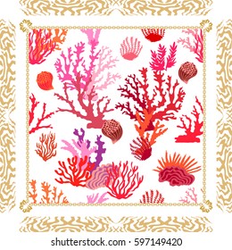 Magic undersea world. Silk scarf with tropical motifs. Vector pattern with colorful corals. Beach textile collection.  Red, pink on white. 