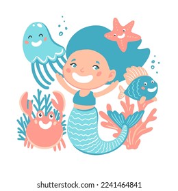 Magic underwater scene- mermaid with friends, vector hand drawn illustration