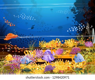 The magic of the underwater world - deep sea life, coral reefs, anemones, rocks and fish on the blue sea floor, marine life - for electronic vector design, posters, vector-vector