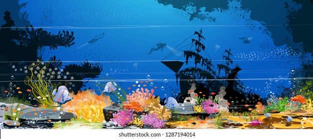 The magic of the underwater world - underwater images and living together and the beauty of fish, corals, sea anemones and beautiful and colorful rocks in the summer - vector