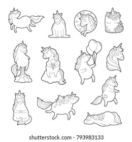 Magic unicorn for adult coloring pages. Trendy unicorn sticker pack with rainbow and different emotions: love, dream, sad, happy, farting rainbow. Teenage pin set. Zombie pony. Vector fashion patches