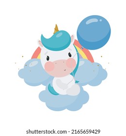 Magic Unicorn with balloon. Cartoon style. Vector illustration. For kids stuff, card, posters, banners, children books, printing on the pack, printing on clothes, fabric, wallpaper, textile or dishes.