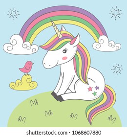 magic unicorn and bird under the rainbow - vector illustration, eps