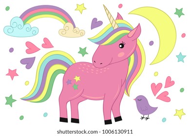 magic unicorn and bird - vector illustration, eps