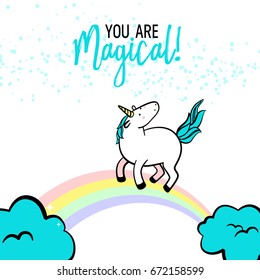Magic unicorn Birthday card. Vector illustration with rainbow, , clouds and stars. Cartoon style.