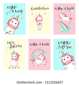 Magic unicorn birthday greeting cards. Vector hand drawn illustration. Happy birthday card templates for kids with cute color unicorns, rainbows, clouds, hearts.