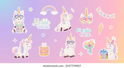 Magic unicorn bithday patches. Magic hrose sticker pack set