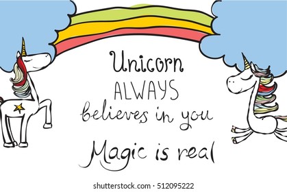 Magic unicorn card. Vintage vector  typography poster with hand drawn text and unicorn