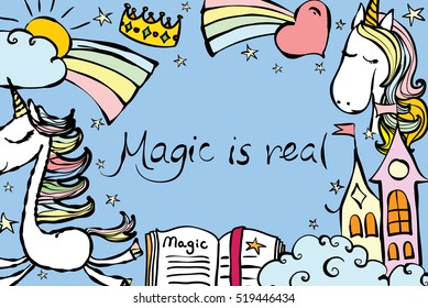 Magic unicorn card. Vintage vector typography poster with hand drawn text and unicorn