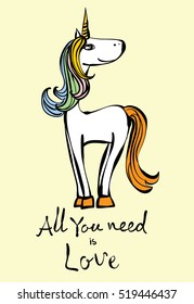 Magic unicorn card. Vintage vector typography poster with hand drawn text and unicorn