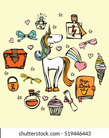 Magic unicorn card. Vintage vector typography poster with hand drawn text and unicorn