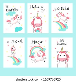 Magic unicorn cards. Vector hand drawn illustration. Greeting, invitation card templates for kids with romantic mythical creature unicorn, rainbows, clouds, hearts and handwritten text.