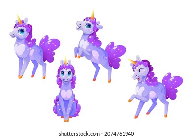 Magic unicorn cartoon character, cute pony or horse with horn and purple curly mane with sparkles. Isolated fantasy animal, funny mascot sit, jump, stamp with hoof. Sweet foal Vector illustration, set