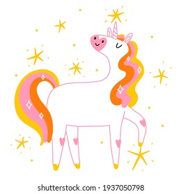 Magic unicorn character with shiny stars and sparkles, vector illustration isolated on white background