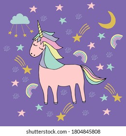 Magic unicorn childish illustration. Doodle vector, scandinavian style.  For baby and kids design, t-shirt prints, fabric, apparel, nursery decoration, poster, cards.