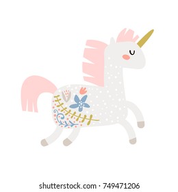 Magic unicorn childish illustration. Stay unique text with fairy pony.Vector Illustration. Perfect for baby and kids design,t-shirt prints,nursery decoration,poster,cards
