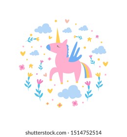Magic Unicorn with Clouds and Flowers of Round Shape, Cute Childish Poster, Greeting or Invitation Card, Print for T-shirt Design Element Vector Illustration