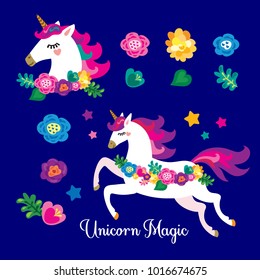 Magic unicorn collection. Elements for a cute fairy-tale design.