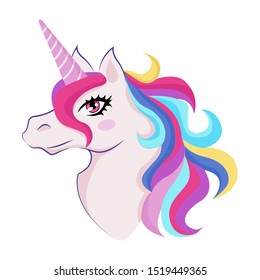Magic unicorn with colorful horn and manes icon, decor for girl room interior or birthday, badge or sticker, vector illustration